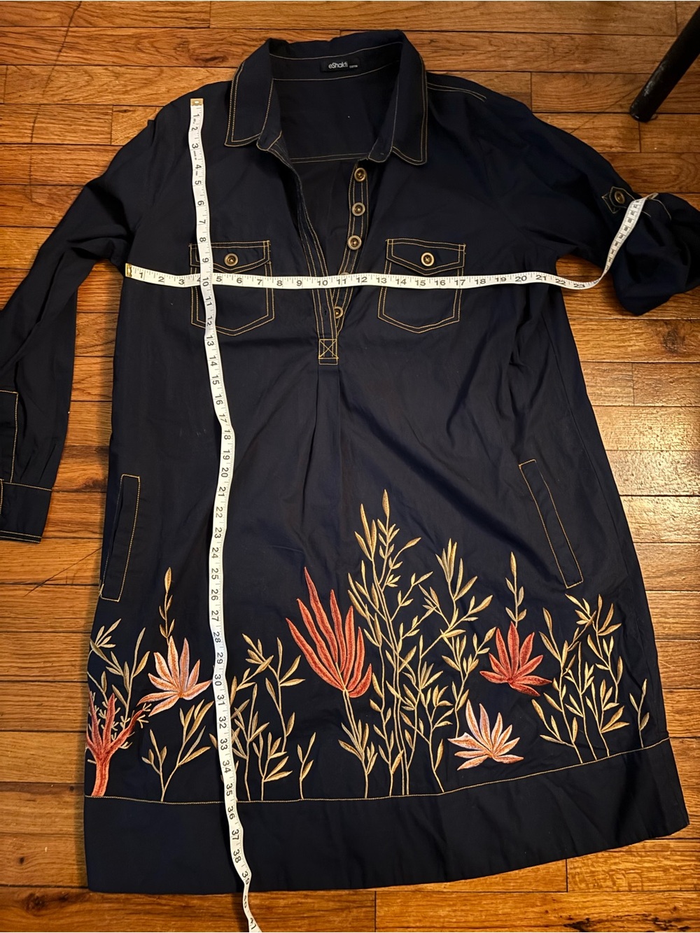eShakti Women’s Custom Navy 100% Cotton Dress with Beautiful Embroidery